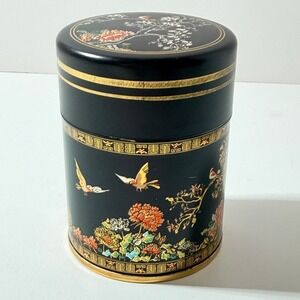 Chinoiserie Tea Tin Sz 6" Black Floral Bird Double Lid Canister Storage
